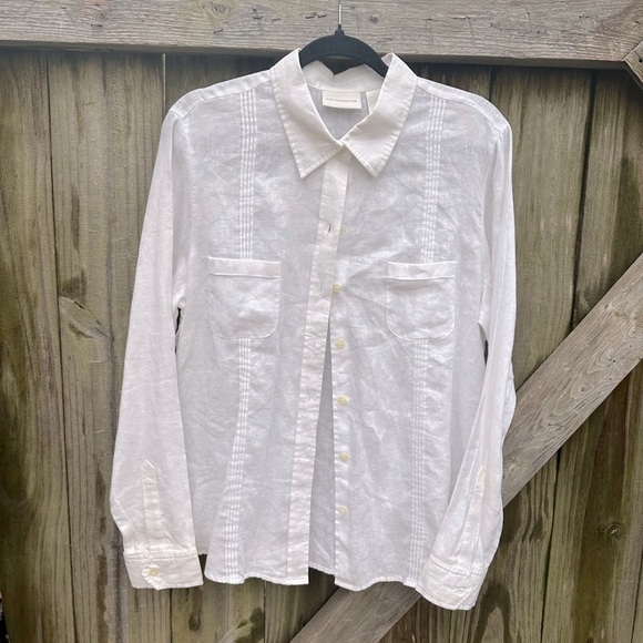 Liz Claiborne 100% Linen White Pleated Detail Collared Plus Size Button Down Top - Picture 1 of 8